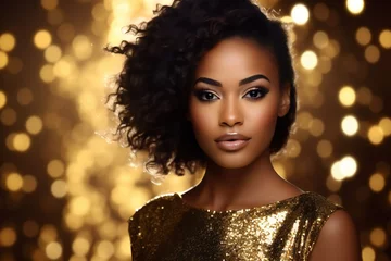 Foto op Plexiglas Young african star american girl in gold on golden sparkling background © Yulia