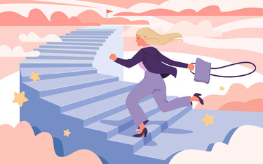 Problem of career development as businesswoman vector illustration. Cartoon woman running to climb up stairs to finish red flag, achievement and business goals progress in competition of employees