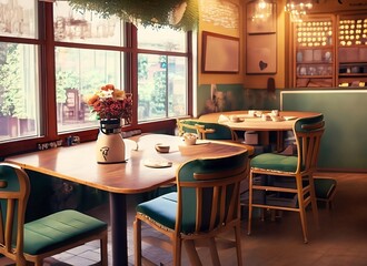 Table in a coffee shop There is a flower vase. 60's chairs, light coming through the window