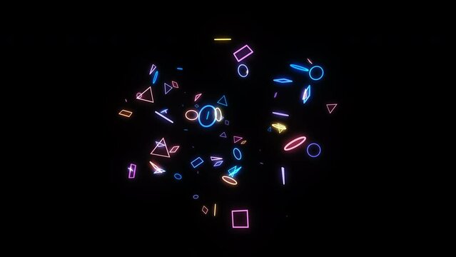 Abstract intro background animation of 3D neon shapes circles, triangles and squares randomly slow moving and rotating in sphere field.