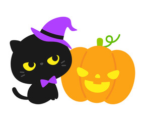 ハロウィンカボチャと帽子をかぶった黒猫