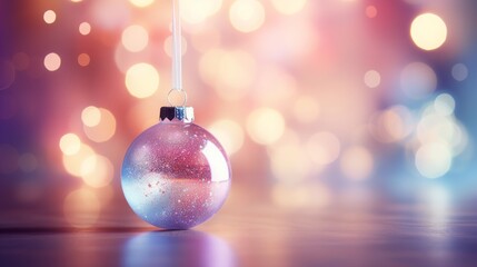 Fototapeta premium Minimalist new year concept. A close-up of a pastel pink decorative ball for the Christmas tree. Blurred lights in the background.