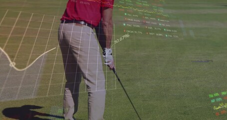 Animation of graphs and trading boards over caucasian golf player hitting golf ball - Powered by Adobe