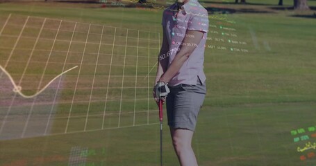 Animation of graphs and trading boards over female golf player hitting the ball in cup - Powered by Adobe