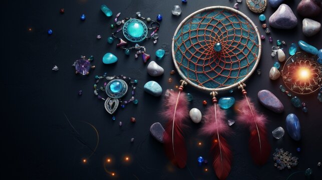 Gem stones and crystals with dream catcher on dark surface