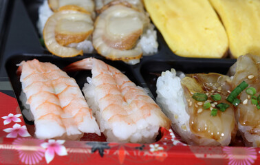 Close-up images of healthy and fresh sushi. A variety of sushi.
