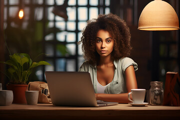 Beautiful young woman working laptop, student or freelancer sitting at cafe table, looking into camera.generated by AI model - obrazy, fototapety, plakaty