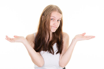 young undecided woman blonde presenting product in two both palm hand finger up in white background