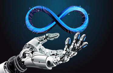 Metaverse AI technology on Artificial intelligence robot hand and Virtual space with Infinity Symbol, Futuristic AI technology concept, vector illustration