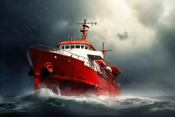 Muurstickers A cargo or fishing ship is caught in a severe storm. Ship at sea on big waves. The threat of shipwreck. Element in the ocean. The hard work of a sailor. © Anoo