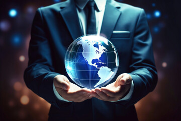 Photo of a businessman holding a globe in his hands