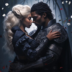 Beautiful black fantasy romantic couple, knight and queen - obrazy, fototapety, plakaty