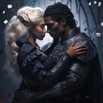 Beautiful black fantasy romantic couple, knight and queen