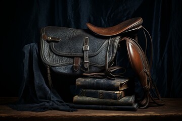 Dark background with equestrian gear: saddle, stirrups, leather, pad. Generative AI - obrazy, fototapety, plakaty