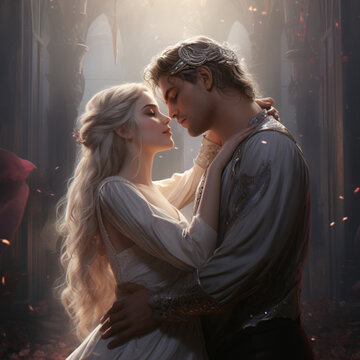 Romantic embrace, fantasy couple, handsome prince and beautiful princess, romance book cover art.