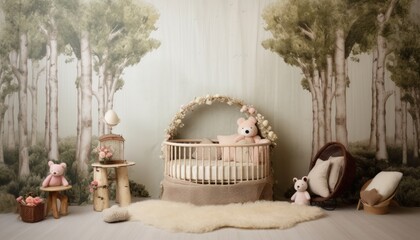 Elegant cradle in soft colors background, backdrop for studio photo baby portrait