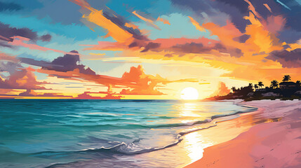 Grace Bay Beach Turks and Caicos with the sun settin, generative ai