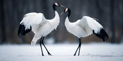 Elegant Pair Dance of the Red-Crowned Crane Grus jupon enosis A Graceful Ballet in Nature  Red-Crowned Crane Grus japonensis Witnessing the Enchanting Courtship Ritual AI Generative 