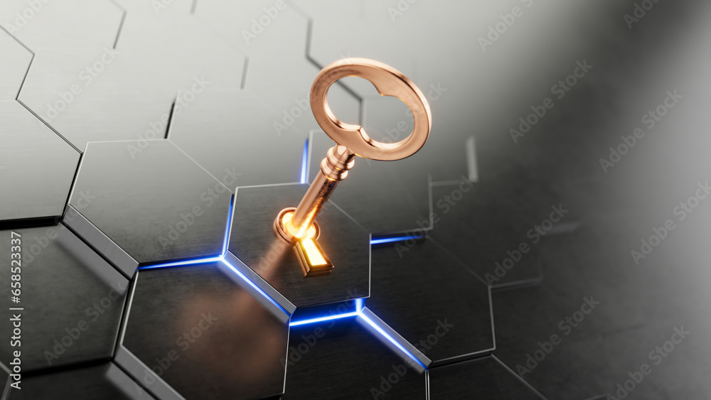 Wall mural golden key and hexes puzzle - 3d rendering