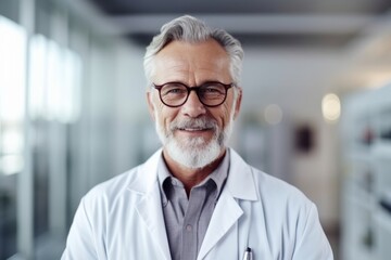 Portrait of senior male doctor in eyeglasses looking at camera