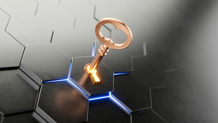 Golden key and hexes puzzle - 3d rendering