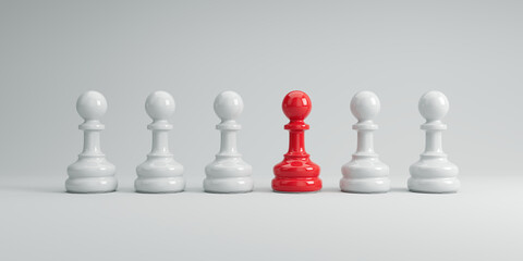 Red chess pawn among white pawns. Different, unique, success concept. 3d rendering