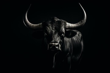 A darkroom with a black background showcases a black bull with horns standing. It is bordered by white against the black backdrop. Generative AI