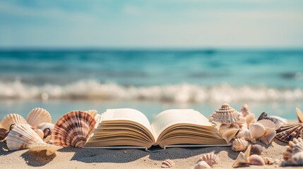 Fototapeta na wymiar Sea shells creating a border around a beach book, generative ai