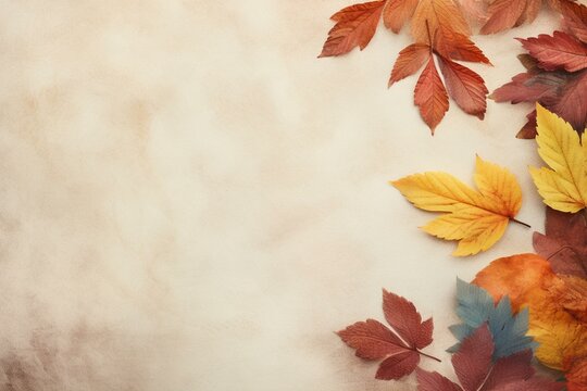 Aerial view of autumn leaves on a neutral backdrop with space for text. Generative AI