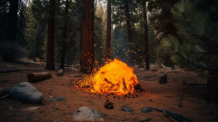 exploding campfire with fire ball in a juniper forest, generative ai