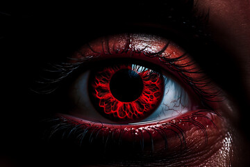 Red eye in the dark. Woman. Man. Close-up of an eye with a bright red pupil. Macro, detailed view. Mysticism. Vampire eyes. Demonic look. Tired Piercing eyes. 3D illustration. Ai - obrazy, fototapety, plakaty