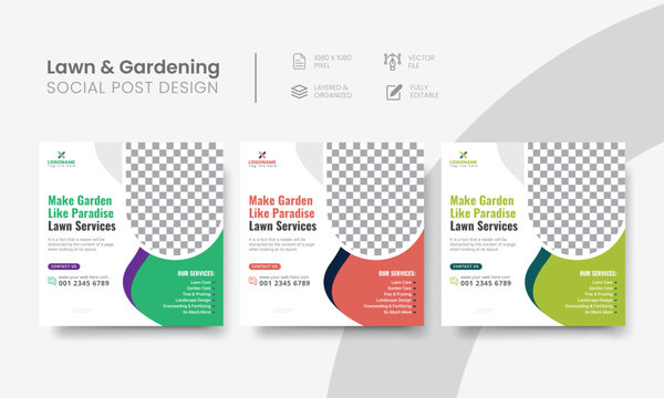 Lawn gardening social media post for agriculture services. Agro gardening service social media post layout design for lawn mowing & care marketing banner. Vol - 4