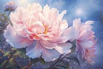 Detail artwork depicting floral peony with soft pastel watercolor. Generative AI