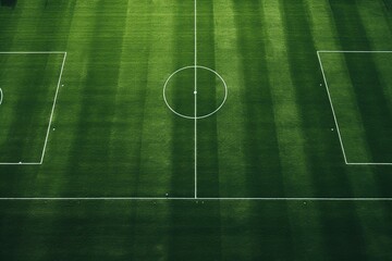 Aerial view of a soccer field with lines on the grass. Generative AI
