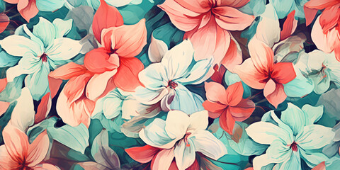 floral flower background design with blue, red and yellow  petals in bloom and light green leaves as pattern on white background - generative ai