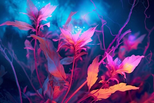 Captivating neon misty morning photo with abstract floral design background. Generative AI