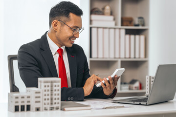 Agent presents contracts for property purchase or lease. Businessman asian indian people showcases...