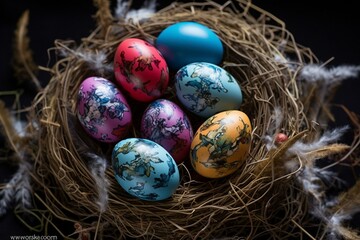 Fototapeta na wymiar Decorated eggs in nest. Generative AI