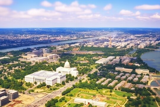Panoramic aerial view of Washington DC showcasing United States Capitol, Washington Monument, Lincoln Memorial, and Thomas Jefferson Memorial. Illustrating the rich history and culture. Generative AI