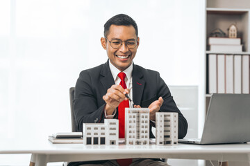 Agent presents contracts for property purchase or lease. Businessman asian indian people showcases...