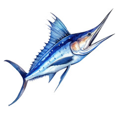 A blue marlin fish, sword fish jumping up, watercolor art - obrazy, fototapety, plakaty