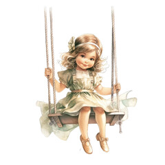A Girl Swing Isolated on White Background. Little princes Characters Sitting on a sweet swing in watercolor, Kid swing png