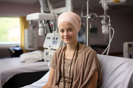 Young adult patient, healthcare service, hand for empathy, love and healing in hospital bed concept. Smiling woman student sick female in medical care hospice bald after course chemotherapy treatment