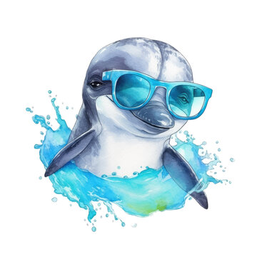 A Watercolor Painting of a Dolphin jumping with sunglasses