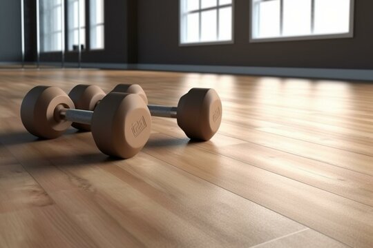3D rendered dumbbells on wooden floor in fitness room. Generative AI