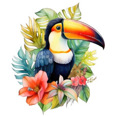 A toucan with flowers and leaves watercolor art Illustration - obrazy, fototapety, plakaty