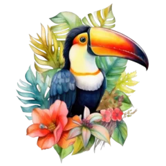 Foto op Aluminium A toucan with flowers and leaves watercolor art Illustration © GreenMOM