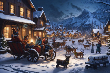 santa claus riding a sleigh in the village. (Generative AI) - obrazy, fototapety, plakaty
