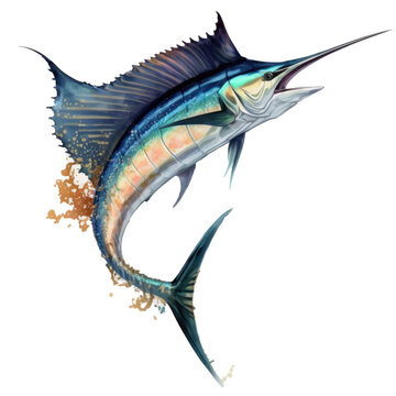 A blue marlin fish, sword fish jumping up, watercolor art