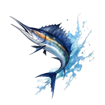 A blue marlin fish, sword fish jumping up, watercolor art